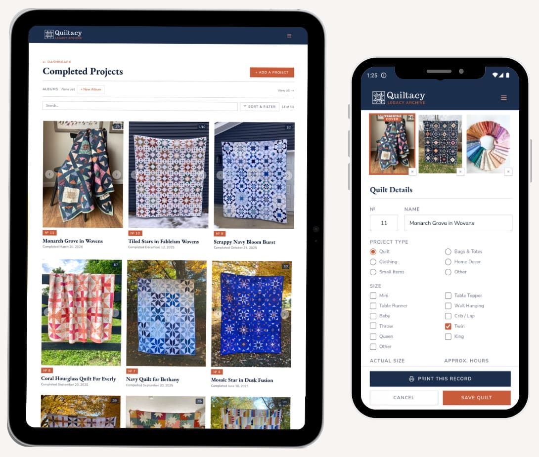 The Quiltacy app on a tablet, showing a grid of Completed Projects, and on a phone, showing a quilt record's photos and details