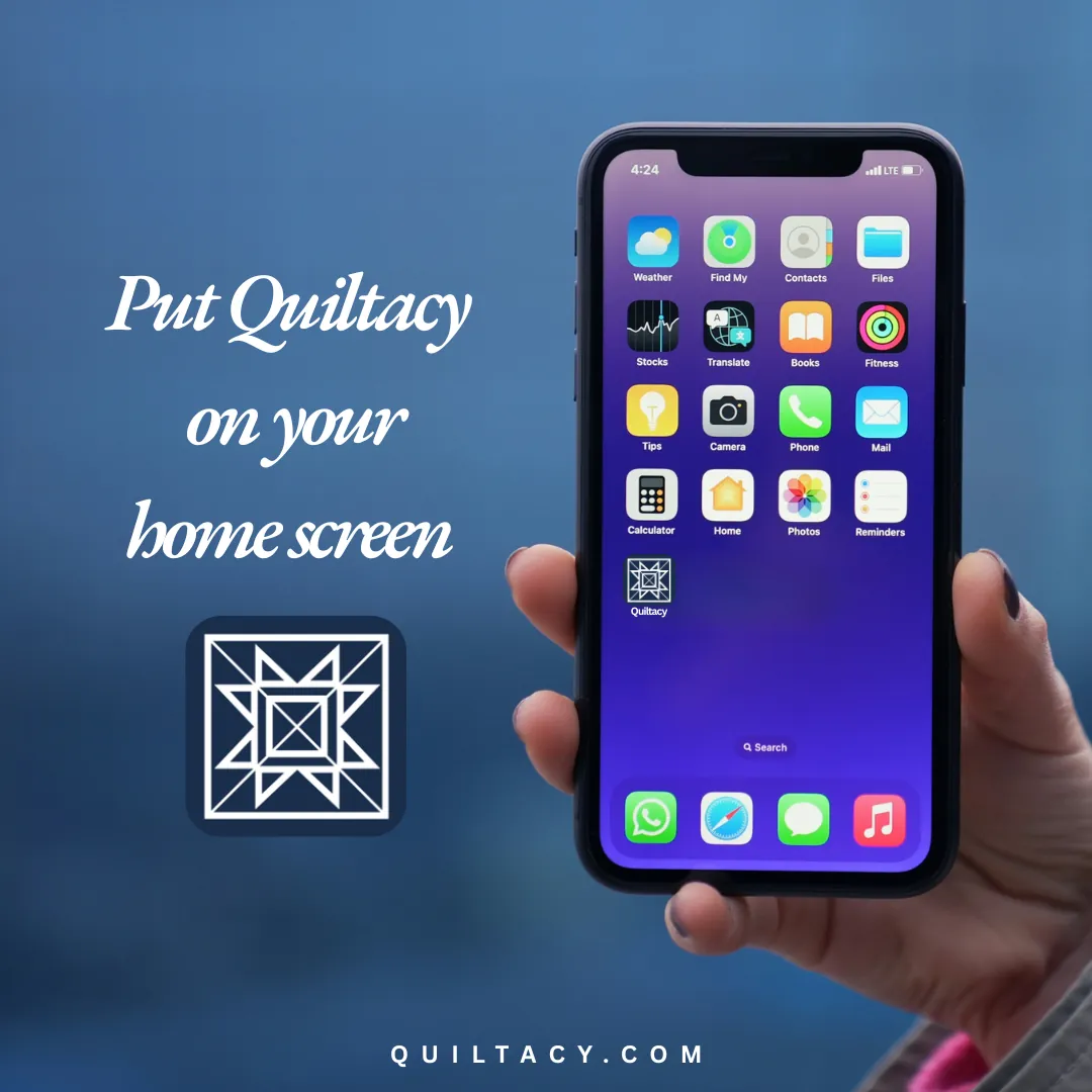 A hand holding a phone showing the Quiltacy app icon on the home screen