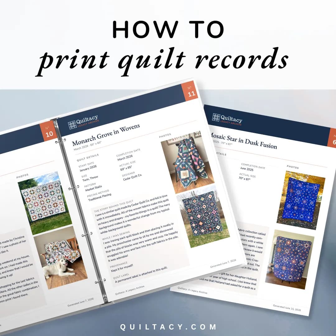 An open binder of printed Quiltacy quilt record pages