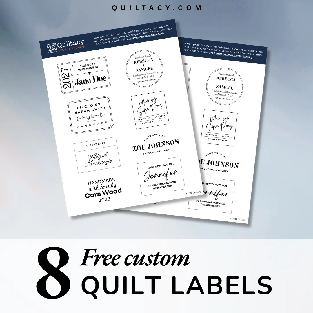 Canva quilt label design template 4x2 inches, Spoonflower Petal Signature Cotton label print example, custom quilt label with logo and text design, 300 DPI fabric label design for quilting
